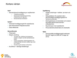 Kortare väntan

 Vad?                                                       Uppföljning
 • Standardiserad handläggning av asylärenden               •   Antalet utredningar + ledtider per team och
       –    Tidssättning (ledtider)                             enhet
       –    Gemensamt arbetssätt (processteg,               •   Måluppfyllelsen för projektet mäts i
            mötesordning och agendor)                           genomsnittliga handläggningstider för
       –    Standardiserade arbetsteam                          nyinkomna ärenden
                                                            •   Ändringsfrekvens vid domstolar och orsaken
 Varför?                                                        till antalet återförvisade ärenden
 • Förkortad handläggningstid för asylsökande                   (rättssäkerhet)
 • Öka förtroendet för Migrationsverket                     •   Djupintervjuer med asylsökande
 • Ökad effektivitet                                        •   Personalenkät (arbetsmiljö och arbetssätt)

 Genomförande                                               Nytta
 • Pilotprojekt                                             •    Genomsnittlig handläggningstid nedkortad
 • Stegvis utrullning                                            från 267 dagar (år 2008) till 75 dagar (år
       –    16 veckor inkl. utbildning (omorganisera             2010)
            enheten i enlighet med det standardiserade
            sättet)
       –    Teamet, teamledare, förändringsledare och
            enhetschef följer ärendena väldigt noga under
            ca 10 veckor
       –    Överlämning till ordinarie verksamhet
 • Kundfokus + ständiga förbättringar
 