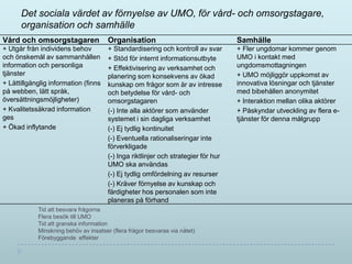 Det sociala värdet av förnyelse av UMO, för vård- och omsorgstagare,
      organisation och samhälle
Vård och omsorgstagaren                Organisation                                 Samhälle
+ Utgår från individens behov          + Standardisering och kontroll av svar       + Fler ungdomar kommer genom
och önskemål av sammanhållen           + Stöd för internt informationsutbyte        UMO i kontakt med
information och personliga             + Effektivisering av verksamhet och          ungdomsmottagningen
tjänster                               planering som konsekvens av ökad             + UMO möjliggör uppkomst av
+ Lättillgänglig information (finns    kunskap om frågor som är av intresse         innovativa lösningar och tjänster
på webben, lätt språk,                 och betydelse för vård- och                  med bibehållen anonymitet
översättningsmöjligheter)              omsorgstagaren                               + Interaktion mellan olika aktörer
+ Kvalitetssäkrad information          (-) Inte alla aktörer som använder           + Påskyndar utveckling av flera e-
ges                                    systemet i sin dagliga verksamhet            tjänster för denna målgrupp
+ Ökad inflytande                      (-) Ej tydlig kontinuitet
                                       (-) Eventuella rationaliseringar inte
                                       förverkligade
                                       (-) Inga riktlinjer och strategier för hur
                                       UMO ska användas
                                       (-) Ej tydlig omfördelning av resurser
                                       (-) Kräver förnyelse av kunskap och
                                       färdigheter hos personalen som inte
                                       planeras på förhand
            Tid att besvara frågorna
            Flera besök till UMO
            Tid att granska information
            Minskning behöv av insatser (flera frågor besvaras via nätet)
            Förebyggande effekter
 
