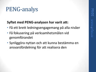 PENG-analys
Syftet med PENG-analysen har varit att:
• Få ett brett ledningsengagemang på alla nivåer
• Få fokusering på verksamhetsmålen vid
  genomförandet
• Synliggöra nyttan och att kunna bestämma en
  ansvarsfördelning för att realisera den
 