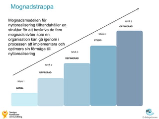 Mognadstrappa

Mognadsmodellen för                                           NIVÅ 5
nyttorealisering tillhandahåller en                        OPTIMERAD
struktur för att beskriva de fem
mognadsnivåer som en                              NIVÅ 4

organisation kan gå igenom i                   STYRD
processen att implementera och
optimera sin förmåga till
                                      NIVÅ 3
nyttorealisering
                                  DEFINIERAD


                      NIVÅ 2


                  UPPREPAD



     NIVÅ 1


    INITIAL




                                                                       68
 
