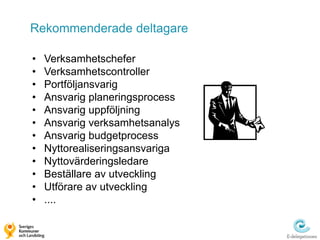 Rekommenderade deltagare

•   Verksamhetschefer
•   Verksamhetscontroller
•   Portföljansvarig
•   Ansvarig planeringsprocess
•   Ansvarig uppföljning
•   Ansvarig verksamhetsanalys
•   Ansvarig budgetprocess
•   Nyttorealiseringsansvariga
•   Nyttovärderingsledare
•   Beställare av utveckling
•   Utförare av utveckling
•   ....
 