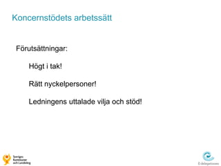 Koncernstödets arbetssätt


Förutsättningar:

    Högt i tak!

    Rätt nyckelpersoner!

    Ledningens uttalade vilja och stöd!
 