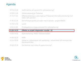 Agenda

  10.15-10.30   Varför behövs ett ramverk för nyttorealisering?

  10.35-11.05   Värderealisering på Tullverket
  11.10-11.40   Effektutvärdering av satsningar på IT-baserad informationshantering inom
                hälso- och sjukvård
  11.45-12.15   Ett helhetsperspektiv på nyttan med e-tjänster - projekt PRIOS

  12.15-13.15   Lunch

  1315-13.45    E-delegationens mognadsmodell för nyttorealisering

  13.50-14.20   Effekter av projekt integrerade i resultat - SJ

  14.25-14.55   Nyttorealisering i PRIO, Försvarsmakten

  14.55-15.25   Kaffe
  15.25-15.55   Värdet av nyttoanalyser och uppföljning - erfarenheter och exempel från
                Stockholms stad
  16.00-16.30   Hur kommer man vidare & uppsummering?
 