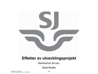 Effekter av utvecklingsprojekt
                                                    Seminarium 24 nov.
                                                       Doris Rudén
Seminarium 11-11-24, Doris                                  80
Rudén, doris.ruden@gmail.com, tel. 070-3 95 95 83
 