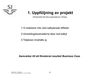1. Uppföljning av projekt
                                                    Erfarenheter från flera organisationer / företag




                        1 Vi realiserar inte våra kalkylerade effekter

                        2 Utvecklingskostnaderna ökar mot kalkyl

                        3 Tidplaner innehålls ej




                  Samverkar till ett försämrat resultat/ Business Case




Seminarium 11-11-24, Doris                                                 82
Rudén, doris.ruden@gmail.com, tel. 070-3 95 95 83
 