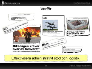 WWW.FORSVARSMAKTEN.SE




                   Varför




Effektivisera administrativt stöd och logistik!
                      95               VI VERKAR, SYNS OCH RESPEKTERAS
 