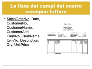 La lista dei campi del nostro esempio: fatture SalesOrderNo , Date, CustomerNo, CustomerName, CustomerAdd, ClerkNo, ClerkName,  ItemNo , Description, Qty, UnitPrice 