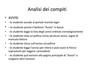 Analisi dei compiti
• AVVISI
• - lo studente accede al portale tramite login
• - lo studente preme il bottone “Avvisi” in basso
• - lo studente legge la lista degli avvisi ordinati cronologicamente
• - lo studente nota un pallino vicino ad alcuni avvisi, segno di
mancata lettura
• - lo studente clicca sull'avviso col pallino
• - lo studente legge l'avviso per intero e può usare le frecce
soprastanti per leggere i precedenti
• - lo studente può tornare alla pagina principale di “Avvisi” o
scegliere altre funzioni
 