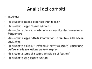 Analisi dei compiti
• LEZIONI
• - lo studente accede al portale tramite login
• - lo studente legge l'orario odierno
• - lo studente clicca su una lezione a sua scelta che deve ancora
frequentare
• - lo studente legge tutte le informazioni in merito alla lezione in
questione
• - lo studente clicca su “Trova aula” per visualizzare l'ubicazione
dell'aula della sua lezione tramite mappa
• - lo studente torna alla pagina principale di “Lezioni”
• - lo studente sceglie altre funzioni
 