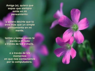 Amiga (o), quiero que sepas que siempre estás en mí pensamiento; y quiero decirte que tú eres más que un simple pensamiento en mi mente, tantas y tantas veces te siento a mí lado a través de tus e-mails,  o a través de los momentos en que nos contactamos por la computadora.  