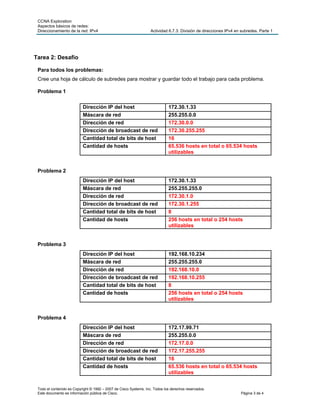 CCNA Exploration
Aspectos básicos de redes:
Direccionamiento de la red: IPv4 Actividad 6.7.3: División de direcciones IPv4 en subredes. Parte 1
Tarea 2: Desafío
Para todos los problemas:
Cree una hoja de cálculo de subredes para mostrar y guardar todo el trabajo para cada problema.
Problema 1
Dirección IP del host 172.30.1.33
Máscara de red 255.255.0.0
Dirección de red 172.30.0.0
Dirección de broadcast de red 172.30.255.255
Cantidad total de bits de host 16
Cantidad de hosts 65.536 hosts en total o 65.534 hosts
utilizables
Problema 2
Dirección IP del host 172.30.1.33
Máscara de red 255.255.255.0
Dirección de red 172.30.1.0
Dirección de broadcast de red 172.30.1.255
Cantidad total de bits de host 8
Cantidad de hosts 256 hosts en total o 254 hosts
utilizables
Problema 3
Dirección IP del host 192.168.10.234
Máscara de red 255.255.255.0
Dirección de red 192.168.10.0
Dirección de broadcast de red 192.168.10.255
Cantidad total de bits de host 8
Cantidad de hosts 256 hosts en total o 254 hosts
utilizables
Problema 4
Dirección IP del host 172.17.99.71
Máscara de red 255.255.0.0
Dirección de red 172.17.0.0
Dirección de broadcast de red 172.17.255.255
Cantidad total de bits de host 16
Cantidad de hosts 65.536 hosts en total o 65.534 hosts
utilizables
Todo el contenido es Copyright © 1992 – 2007 de Cisco Systems, Inc. Todos los derechos reservados.
Este documento es información pública de Cisco. Página 3 de 4
 