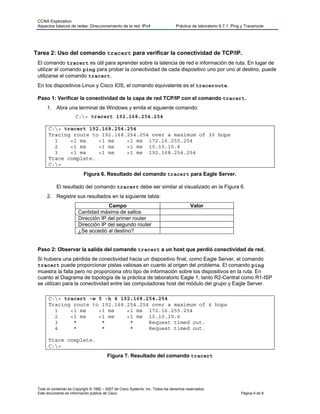 CCNA Exploration
 Aspectos básicos de redes: Direccionamiento de la red: IPv4                      Práctica de laboratorio 6.7.1: Ping y Traceroute




Tarea 2: Uso del comando tracert para verificar la conectividad de TCP/IP.
 El comando tracert es útil para aprender sobre la latencia de red e información de ruta. En lugar de
 utilizar el comando ping para probar la conectividad de cada dispositivo uno por uno al destino, puede
 utilizarse el comando tracert.
 En los dispositivos Linux y Cisco IOS, el comando equivalente es el traceroute.

 Paso 1: Verificar la conectividad de la capa de red TCP/IP con el comando tracert.
      1. Abra una terminal de Windows y emita el siguiente comando:
                       C:> tracert 192.168.254.254

       C:> tracert 192.168.254.254
       Tracing route to 192.168.254.254 over a maximum of 30 hops
         1    <1 ms    <1 ms    <1 ms 172.16.255.254
         2    <1 ms    <1 ms    <1 ms 10.10.10.6
         3    <1 ms    <1 ms    <1 ms 192.168.254.254
       Trace complete.
       C:>
                           Figura 6. Resultado del comando tracert para Eagle Server.

            El resultado del comando tracert debe ser similar al visualizado en la Figura 6.
      2. Registre sus resultados en la siguiente tabla:
                                     Campo                                                Valor
                        Cantidad máxima de saltos
                        Dirección IP del primer router
                        Dirección IP del segundo router
                        ¿Se accedió al destino?


 Paso 2: Observar la salida del comando tracert a un host que perdió conectividad de red.
 Si hubiera una pérdida de conectividad hacia un dispositivo final, como Eagle Server, el comando
 tracert puede proporcionar pistas valiosas en cuanto al origen del problema. El comando ping
 muestra la falla pero no proporciona otro tipo de información sobre los dispositivos en la ruta. En
 cuanto al Diagrama de topología de la práctica de laboratorio Eagle 1, tanto R2-Central como R1-ISP
 se utilizan para la conectividad entre las computadoras host del módulo del grupo y Eagle Server.

       C:> tracert -w 5 -h 4 192.168.254.254
       Tracing route to 192.168.254.254 over a maximum of 4 hops
         1    <1 ms    <1 ms    <1 ms 172.16.255.254
         2    <1 ms    <1 ms    <1 ms 10.10.10.6
         3     *        *        *     Request timed out.
         4     *        *        *     Request timed out.

       Trace complete.
       C:>
                                         Figura 7. Resultado del comando tracert




 Todo el contenido es Copyright © 1992 – 2007 de Cisco Systems, Inc. Todos los derechos reservados.
 Este documento es información pública de Cisco.                                                                     Página 6 de 8
 