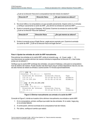 CCNA Exploration
Aspectos básicos de redes: Ethernet                               Práctica de laboratorio 9.8.1: Address Resolution Protocol (ARP)



           ¿Cuál es la dirección física de la computadora host del módulo de destino?
              Dirección IP                       Dirección física                   ¿De qué manera se obtuvo?



     3. No envíe tráfico a la computadora a la que accedió previamente. Espere entre 2 y 3 minutos
        y verifique nuevamente la caché de ARP. ¿Se eliminó la entrada de caché de ARP? __________
     4. Emitir el comando ping al Gateway, R2-Central. Examine la entrada de caché de ARP.
        ¿Cuál es la dirección física del Gateway? ________________________________________

              Dirección IP                    Dirección física                       ¿De qué manera se obtuvo?



     5. Emita el comando ping a Eagle Server, eagle-server.example.com. Examine la entrada
        de caché de ARP. ¿Cuál es la dirección física de Eagle Server? __________________________
           _____________________________________________________________________________
           _____________________________________________________________________________


Paso 4: Ajustar las entradas de caché de ARP manualmente.
Para eliminar las entradas en la caché ARP, emita el comando arp –d {inet-addr | *}.
Las direcciones se pueden eliminar de manera individual al especificar la dirección IP, o bien todas
juntas con el wildcard *.
Verifique que la caché ARP contenga dos entradas: una para el Gateway y otra para la computadora
host de destino del módulo. Puede resultar más fácil hacer ping en ambos dispositivos más de una vez;
de esta manera se retiene la entrada a caché durante 10 minutos aproximadamente.

                  C:> arp –a
                  Interfaz: 172.16.1.1 --- 0x60004
                    Dirección de Internet   Dirección física                                          Tipo
                    172.16.1.2              00-10-a4-7b-01-5f                                         dinámica
                    172.16.255.254          00-0c-85-cf-66-40                                         dinámica
                  C:>
                  C:>arp -d 172.16.255.254
                  C:> arp -a
                  Interfaz: 172.16.1.1 --- 0x60004
                    Dirección de Internet   Dirección física                                          Tipo
                    172.16.1.2              00-10-a4-7b-01-5f                                         dinámica
                  C:>
                         Figura 5. Eliminar manualmente una entrada a la caché de ARP

Consulte la Figura 5, donde se muestra cómo eliminar manualmente una entrada a caché ARP.
     1. En la computadora, primero verifique que estén las dos entradas. Si no están, haga ping
        en la entrada faltante.
     2. A continuación, elimine la entrada de la computadora host del módulo.
     3. Por ultimo, verifique el cambio que realizó.




Todo el contenido es Copyright © 1992 – 2007 de Cisco Systems, Inc. Todos los derechos reservados.
Este documento es información pública de Cisco.                                                                   Página 5 de 9
 