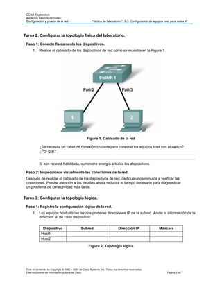CCNA Exploration
 Aspectos básicos de redes:
 Configuración y prueba de la red                       Práctica de laboratorio11.5.3: Configuración de equipos host para redes IP



Tarea 2: Configurar la topología física del laboratorio.

 Paso 1: Conecte físicamente los dispositivos.
      1. Realice el cableado de los dispositivos de red como se muestra en la Figura 1.




                                                    Figura 1. Cableado de la red

            ¿Se necesita un cable de conexión cruzada para conectar los equipos host con el switch?
            ¿Por qué? ____________________________________________________________________
            _____________________________________________________________________________
            Si aún no está habilitada, suministre energía a todos los dispositivos.

 Paso 2: Inspeccionar visualmente las conexiones de la red.
 Después de realizar el cableado de los dispositivos de red, dedique unos minutos a verificar las
 conexiones. Prestar atención a los detalles ahora reducirá el tiempo necesario para diagnosticar
 un problema de conectividad más tarde.


Tarea 3: Configurar la topología lógica.

 Paso 1: Registre la configuración lógica de la red.
      1. Los equipos host utilizan las dos primeras direcciones IP de la subred. Anote la información de la
         dirección IP de cada dispositivo:


              Dispositivo                      Subred                         Dirección IP                  Máscara
             Host1
             Host2

                                                     Figura 2. Topología lógica




 Todo el contenido es Copyright © 1992 – 2007 de Cisco Systems, Inc. Todos los derechos reservados.
 Este documento es información pública de Cisco.                                                                  Página 3 de 7
 