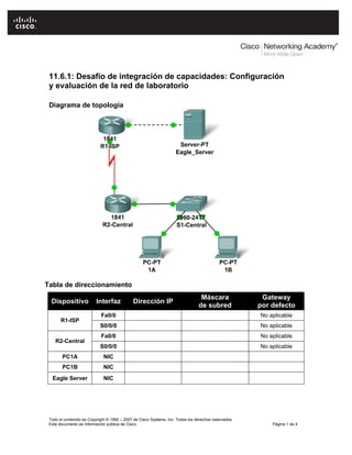 11.6.1: Desafío de integración de capacidades: Configuración
 y evaluación de la red de laboratorio

 Diagrama de topología




Tabla de direccionamiento
                                                                                 Máscara               Gateway
  Dispositivo             Interfaz           Dirección IP
                                                                                de subred             por defecto
                            Fa0/0                                                                     No aplicable
       R1-ISP
                            S0/0/0                                                                    No aplicable
                            Fa0/0                                                                     No aplicable
    R2-Central
                            S0/0/0                                                                    No aplicable
        PC1A                  NIC
        PC1B                  NIC
  Eagle Server                NIC




 Todo el contenido es Copyright © 1992 – 2007 de Cisco Systems, Inc. Todos los derechos reservados.
 Este documento es información pública de Cisco.                                                          Página 1 de 4
 
