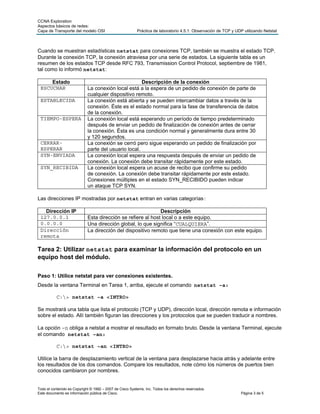 CCNA Exploration
Aspectos básicos de redes:
Capa de Transporte del modelo OSI                         Práctica de laboratorio 4.5.1: Observación de TCP y UDP utilizando Netstat



Cuando se muestran estadísticas netstat para conexiones TCP, también se muestra el estado TCP.
Durante la conexión TCP, la conexión atraviesa por una serie de estados. La siguiente tabla es un
resumen de los estados TCP desde RFC 793, Transmission Control Protocol, septiembre de 1981,
tal como lo informó netstat:

     Estado                                           Descripción de la conexión
 ESCUCHAR                    La conexión local está a la espera de un pedido de conexión de parte de
                             cualquier dispositivo remoto.
 ESTABLECIDA                 La conexión está abierta y se pueden intercambiar datos a través de la
                             conexión. Éste es el estado normal para la fase de transferencia de datos
                             de la conexión.
 TIEMPO-ESPERA               La conexión local está esperando un período de tiempo predeterminado
                             después de enviar un pedido de finalización de conexión antes de cerrar
                             la conexión. Ésta es una condición normal y generalmente dura entre 30
                             y 120 segundos.
 CERRAR-                     La conexión se cerró pero sigue esperando un pedido de finalización por
 ESPERAR                     parte del usuario local.
 SYN-ENVIADA                 La conexión local espera una respuesta después de enviar un pedido de
                             conexión. La conexión debe transitar rápidamente por este estado.
 SYN_RECIBIDA                La conexión local espera un acuse de recibo que confirme su pedido
                             de conexión. La conexión debe transitar rápidamente por este estado.
                             Conexiones múltiples en el estado SYN_RECIBIDO pueden indicar
                             un ataque TCP SYN.

Las direcciones IP mostradas por netstat entran en varias categorías:

   Dirección IP                                               Descripción
 127.0.0.1                   Esta dirección se refiere al host local o a este equipo.
 0.0.0.0                     Una dirección global, lo que significa “CUALQUIERA”.
 Dirección                   La dirección del dispositivo remoto que tiene una conexión con este equipo.
 remota

Tarea 2: Utilizar netstat para examinar la información del protocolo en un
equipo host del módulo.

Paso 1: Utilice netstat para ver conexiones existentes.
Desde la ventana Terminal en Tarea 1, arriba, ejecute el comando netstat –a:

           C:> netstat –a <INTRO>

Se mostrará una tabla que lista el protocolo (TCP y UDP), dirección local, dirección remota e información
sobre el estado. Allí también figuran las direcciones y los protocolos que se pueden traducir a nombres.

La opción –n obliga a netstat a mostrar el resultado en formato bruto.Desde la ventana Terminal, ejecute
el comando netstat –an:

           C:> netstat –an <INTRO>

Utilice la barra de desplazamiento vertical de la ventana para desplazarse hacia atrás y adelante entre
los resultados de los dos comandos. Compare los resultados, note cómo los números de puertos bien
conocidos cambiaron por nombres.


Todo el contenido es Copyright © 1992 – 2007 de Cisco Systems, Inc. Todos los derechos reservados.
Este documento es información pública de Cisco.                                                                  Página 3 de 5
 