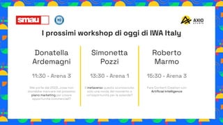 I prossimi workshop di oggi di IWA Italy
Donatella
Ardemagni
11:30 - Arena 3
Alle porte del 2023…cosa non
dovrebbe mancare...