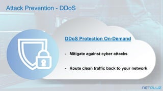 Attack Prevention - DDoS
DDoS Protection On-Demand
- Mitigate against cyber attacks
- Route clean traffic back to your network
 