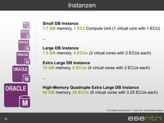 Instanzen

     Small DB Instance
     1.7 GB memory, 1 EC2 Compute Unit (1 virtual core with 1 ECU)

     ...

     Large DB Instance
     7.5 GB memory, 4 ECUs (2 virtual cores with 2 ECUs each)

     Extra Large DB Instance
     15 GB memory, 8 ECUs (4 virtual cores with 2 ECUs each)

     ...

     High-Memory Quadruple Extra Large DB Instance
     68 GB memory, 26 ECUs (8 virtual cores with 3.25 ECUs each)



                                      ECU (Elastic Compute Unit) = 1.2 GHz CPU, Preise können variieren



33
 