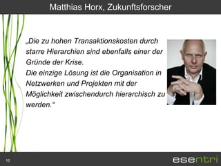 Matthias Horx, Zukunftsforscher


     „Die zu hohen Transaktionskosten durch
     starre Hierarchien sind ebenfalls einer der
     Gründe der Krise.
     Die einzige Lösung ist die Organisation in
     Netzwerken und Projekten mit der
     Möglichkeit zwischendurch hierarchisch zu
     werden.“




10
 