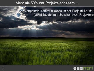 Mehr als 50% der Projekte scheitern…

        Mangelnde Kommunikation ist der Projektkiller #1!
             (GPM Studie zum Scheitern von Projekten)




3
 