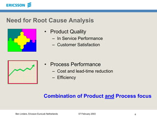 4Ben Linders, Ericsson EuroLab Netherlands 07 February 2003
Need for Root Cause Analysis
• Product Quality
– In Service Pe...