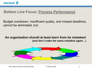 6Ben Linders, Ericsson EuroLab Netherlands 07 February 2003
Bottom Line Focus: Process Performance
Budget overdrawn, insuf...