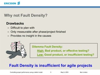 Controlling project performance using a defect model 5 May 8, 2003 Ben Linders
Why not Fault Density?
Drawbacks
– Difficul...