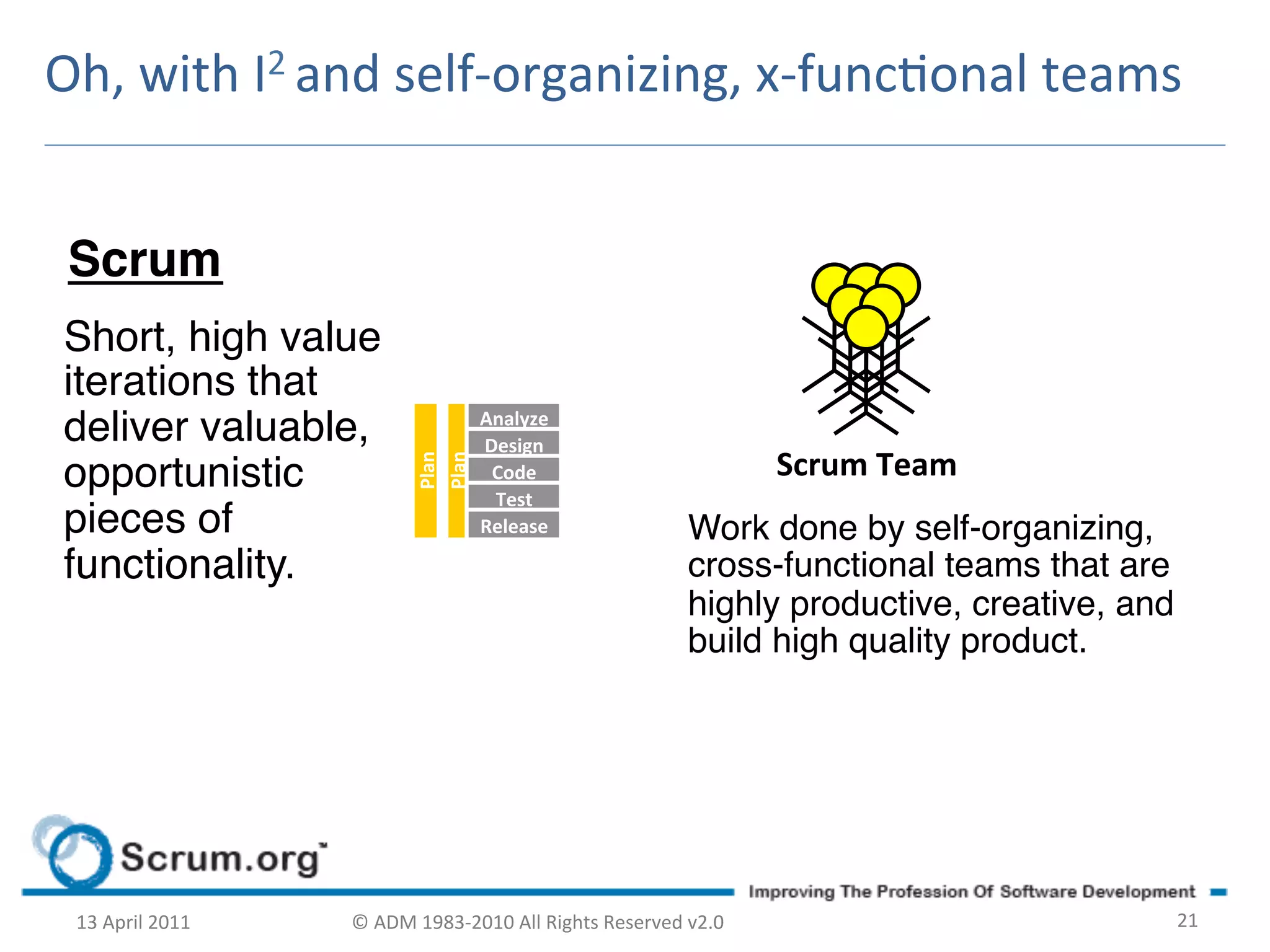 Oh,	
  with	
  I2	
  and	
  self-­‐organizing,	
  x-­‐funconal	
  teams	
  


 Scrum!
 Short, high value
 iterations that
                                                 Analyze	
  
 deliver valuable,                               Design	
  
                                                                                               Scrum	
  Team	
  
                                      Plan	
  
                                      Plan	
  
 opportunistic                                    Code	
  
                                                  Test	
  
 pieces of                                       Release	
                           Work done by self-organizing,
 functionality.!                                                                     cross-functional teams that are
                                                                                     highly productive, creative, and
                                                                                     build high quality product.!




  13	
  April	
  2011	
     ©	
  ADM	
  1983-­‐2010	
  All	
  Rights	
  Reserved	
  v2.0	
                              21	
  
 