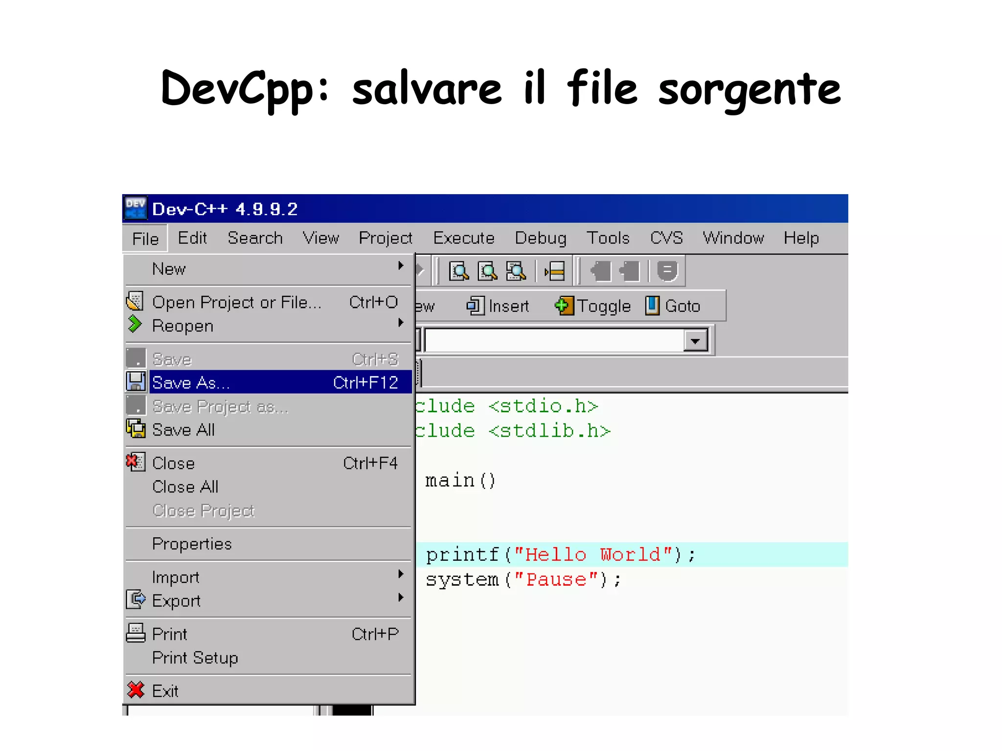 DevCpp: salvare il file sorgente
 