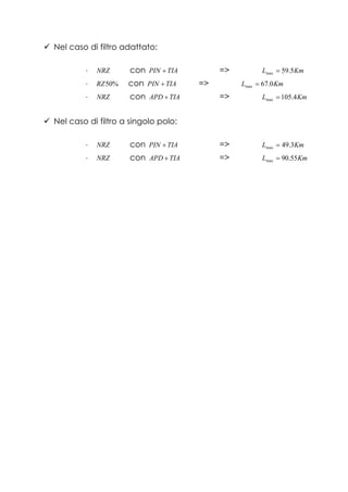 Nel caso di filtro adattato:
⋅ NRZ con TIAPIN + => KmL 5.59max =
⋅ %50RZ con TIAPIN + => KmL 0.67max =
⋅ NRZ con TIAAPD + => KmL 4.105max =
Nel caso di filtro a singolo polo:
⋅ NRZ con TIAPIN + => KmL 3.49max =
⋅ NRZ con TIAAPD + => KmL 55.90max =
 