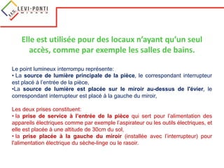 Elle est utilisée pour des locaux n’ayant qu’un seul
accès, comme par exemple les salles de bains.
Le point lumineux interrompu représente:
• La source de lumière principale de la pièce, le correspondant interrupteur
est placé à l’entrée de la pièce,
•La source de lumière est placée sur le miroir au-dessus de l'évier, le
correspondant interrupteur est placé à la gauche du miroir,
Les deux prises constituent:
• la prise de service à l’entrée de la pièce qui sert pour l’alimentation des
appareils électriques comme par exemple l’aspirateur ou les outils électriques, et
elle est placée à une altitude de 30cm du sol,
• la prise placée à la gauche du miroir (installée avec l’interrupteur) pour
l'alimentation électrique du sèche-linge ou le rasoir.
 