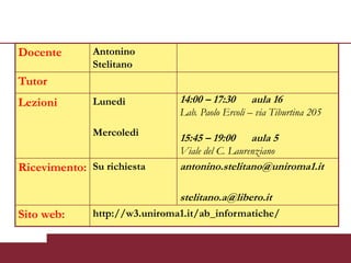 Docente       Antonino
              Stelitano
Tutor
Lezioni       Lunedì           14:00 – 17:30     aula 16
                               Lab. Paolo Ercoli – via Tiburtina 205
              Mercoledì
                               15:45 – 19:00     aula 5
                               Viale del C. Laurenziano
Ricevimento: Su richiesta      antonino.stelitano@uniroma1.it

                               stelitano.a@libero.it
Sito web:     http://w3.uniroma1.it/ab_informatiche/
 