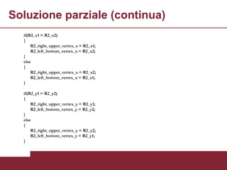 Soluzione parziale (continua)
  if(R2_x1 > R2_x2)
  {
      R2_right_upper_vertex_x = R2_x1;
      R2_left_bottom_vertex_x = R2_x2;
  }
  else
  {
      R2_right_upper_vertex_x = R2_x2;
      R2_left_bottom_vertex_x = R2_x1;
  }

  if(R2_y1 > R2_y2)
  {
      R2_right_upper_vertex_y = R2_y1;
      R2_left_bottom_vertex_y = R2_y2;
  }
  else
  {
      R2_right_upper_vertex_y = R2_y2;
      R2_left_bottom_vertex_y = R2_y1;
  }
 