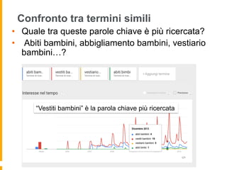 Confronto tra termini simili
•  Quale tra queste parole chiave è più ricercata?
•  Abiti bambini, abbigliamento bambini, vestiario
bambini…?
“Vestiti bambini” è la parola chiave più ricercata
 