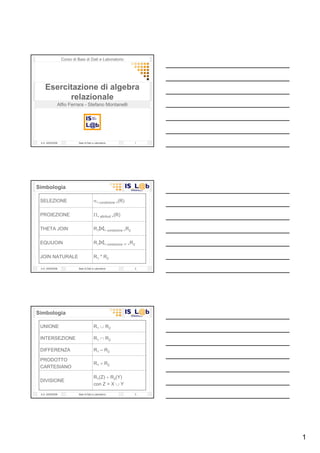 Corso di Basi di Dati e Laboratorio




    Esercitazione di algebra
          relazionale
              Alfio Ferrara - Stefano Montanelli




 A.A. 2005/2006             Basi di Dati e Laboratorio                 1




Simbologia

 SELEZIONE                                σ< condizione >(R)

 PROIEZIONE                               Π< attributi >(R)

 THETA JOIN                               R1        < condizione >R2


 EQUIJOIN                                 R1        < condizione ‘=‘ >R2


 JOIN NATURALE                            R1 * R2

 A.A. 2005/2006             Basi di Dati e Laboratorio                 2




Simbologia

 UNIONE                                   R1 ∪ R2

 INTERSEZIONE                             R1 ∩ R2

 DIFFERENZA                               R1 – R2

 PRODOTTO
                                          R1 × R2
 CARTESIANO

                                          R1(Z) ÷ R2(Y)
 DIVISIONE
                                          con Z = X ∪ Y

 A.A. 2005/2006             Basi di Dati e Laboratorio                 3




                                                                           1