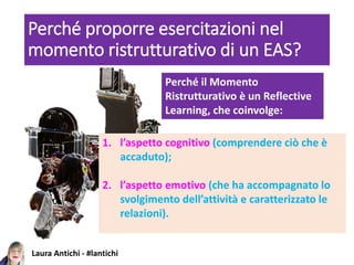 Laura Antichi - #lantichi
Perché proporre esercitazioni nel
momento ristrutturativo di un EAS?
Perché il Momento
Ristrutturativo è un Reflective
Learning, che coinvolge:
1. l’aspetto cognitivo (comprendere ciò che è
accaduto);
2. l’aspetto emotivo (che ha accompagnato lo
svolgimento dell’attività e caratterizzato le
relazioni).
 