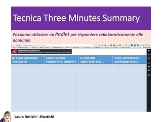 Laura Antichi - #lantichi
Tecnica Three Minutes Summary
Possiamo utilizzare un Padlet per rispondere collaborativamente alle
domande
 