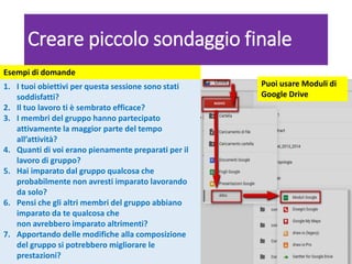 Laura Antichi - #lantichi
Creare piccolo sondaggio finale
1. I tuoi obiettivi per questa sessione sono stati
soddisfatti?
2. Il tuo lavoro ti è sembrato efficace?
3. I membri del gruppo hanno partecipato
attivamente la maggior parte del tempo
all’attività?
4. Quanti di voi erano pienamente preparati per il
lavoro di gruppo?
5. Hai imparato dal gruppo qualcosa che
probabilmente non avresti imparato lavorando
da solo?
6. Pensi che gli altri membri del gruppo abbiano
imparato da te qualcosa che
non avrebbero imparato altrimenti?
7. Apportando delle modifiche alla composizione
del gruppo si potrebbero migliorare le
prestazioni?
Puoi usare Moduli di
Google Drive
Esempi di domande
 