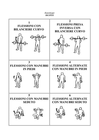 Esercizi per
BICIPITI
1
FLESSIONI CON
BILANCIERE CURVO
2
FLESSIONI PRESA
INVERSA CON
BILANCIERE CURVO
3
FLESSIONI CON MANUBRI
IN PIEDI
4
FLESSIONI ALTERNATE
CON MANUBRI IN PIEDI
5
FLESSIONI CON MANUBRI
SEDUTO
6
FLESSIONI ALTERNATE
CON MANUBRI SEDUTO
 