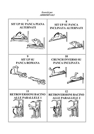 Esercizi per
ADDOMINALI
7
SIT UP SU PANCA PIANA
ALTERNATI
8
SIT UP SU PANCA
INCLINATA ALTERNATI
9
SIT UP SU
PANCA ROMANA
10
CRUNCH INVERSO SU
PANCA INCLINATA
11
RETROVERSIONI BACINO
ALLE PARALLELE 1
12
RETROVERSIONI BACINO
ALLE PARALLELE 2
 