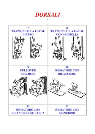 DORSALI
-
Pagina 2/6
-
7
TRAZIONI ALLA LAT M.
DIETRO
8
TRAZIONI ALLA LAT M.
CON MANIGLIA
9
PULLOVER
MACHINE
10
REMATORE CON
BILANCIERE
11
REMATORE CON
BILANCIERE SU PANCA
12
REMATORE CON
MANUBRIO
 