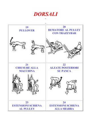 DORSALI
-
Pagina 4/6
-
19
PULLOVER
20
REMATORE AL PULLEY
CON TRAZEYBAR
21
CHIUSURE ALLA
MACCHINA
22
ALZATE POSTERIORI
SU PANCA
23
ESTENSIONI SCHIENA
AL PULLEY
24
ESTENSIONI SCHIENA
ALLA SBARRA
 