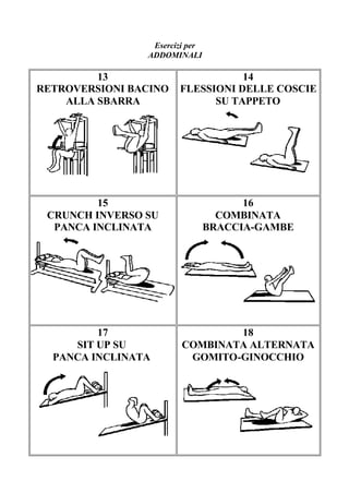Esercizi per
ADDOMINALI
13
RETROVERSIONI BACINO
ALLA SBARRA
14
FLESSIONI DELLE COSCIE
SU TAPPETO
15
CRUNCH INVERSO SU
PANCA INCLINATA
16
COMBINATA
BRACCIA-GAMBE
17
SIT UP SU
PANCA INCLINATA
18
COMBINATA ALTERNATA
GOMITO-GINOCCHIO
 