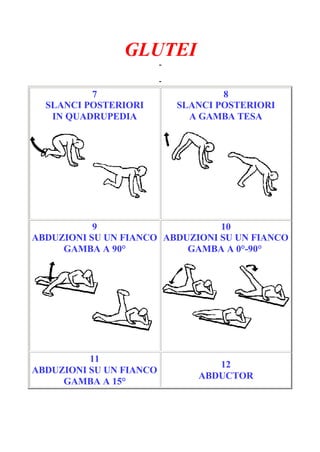 GLUTEI
-
Pagina 2/3
-
7
SLANCI POSTERIORI
IN QUADRUPEDIA
8
SLANCI POSTERIORI
A GAMBA TESA
9
ABDUZIONI SU UN FIANCO
GAMBA A 90°
10
ABDUZIONI SU UN FIANCO
GAMBA A 0°-90°
11
ABDUZIONI SU UN FIANCO
GAMBA A 15°
12
ABDUCTOR
 