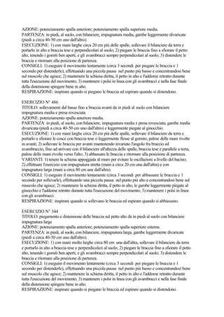 AZIONE: potenziamento spalla anteriore; potenziamento spalla superiore media.
PARTENZA: in piedi, al suolo, con bilanciere, impugnatura media, gambe leggermente divaricate
(piedi a circa 40-50 cm uno dall'altro).
ESECUZIONE: 1) con mani larghe circa 20 cm più delle spalle, sollevare il bilanciere da terra e
portarlo in alto a braccia tese e perpendicolari al suolo; 2) piegare le braccia fino a sfiorare il petto
alto, tenendo i gomiti ben aperti, e gli avambracci sempre perpendicolari al suolo; 3) distendere le
braccia e ritornare alla posizione di partenza.
CONSIGLI: 1) eseguire il movimento lentamente (circa 3 secondi per piegare le braccia e 1
secondo per distenderle), effettuando una piccola pausa nel punto più basso e concentrandosi bene
sul muscolo che agisce; 2) mantenere la schiena diritta, il petto in alto e l'addome retratto durante
tutta l'esecuzione del movimento; 3) mantenere i polsi in linea con gli avambracci e nella fase finale
della distensione spingere bene in alto.
RESPIRAZIONE: inspirare quando si piegano le braccia ed espirare quando si distendono.
ESERCIZIO N° 486
TITOLO: sollevamenti dal basso fino a braccia avanti da in piedi al suolo con bilanciere
impugnatura media e presa rovesciata
AZIONE: potenziamento spalla anteriore media.
PARTENZA: in piedi, al suolo, con bilanciere, impugnatura media e presa rovesciata, gambe media
divaricata (piedi a circa 40-50 cm uno dall'altro) e leggermente piegate al ginocchio.
ESECUZIONE: 1) con mani larghe circa 20 cm più delle spalle, sollevare il bilanciere da terra e
portarlo a sfiorare le cosce con braccia tese o leggermente flesse al gomito, palme delle mani rivolte
in avanti; 2) sollevare le braccia per avanti mantenendo invariato l'angolo fra braccio ed
avambraccio, fino ad arrivare con il bilanciere all'altezza delle spalle, braccia tese e parallele a terra,
palme delle mani rivolte verso l'alto; 3) abbassare le braccia e ritornare alla posizione di partenza.
VARIANTI: 1) tenere la schiena appoggiata al muro per evitare le oscillazioni a livello del bacino;
2) effettuare l'esercizio con impugnatura stretta (mani a circa 20 cm una dall'altra) e con
impugnatura larga (mani a circa 80 cm una dall'altra).
CONSIGLI: 1) eseguire il movimento lentamente (circa 3 secondi per abbassare le braccia e 1
secondo per sollevarle), effettuando una piccola pausa nel punto più alto e concentrandosi bene sul
muscolo che agisce; 2) mantenere la schiena diritta, il petto in alto, le gambe leggermente piegate al
ginocchio e l'addome retratto durante tutta l'esecuzione del movimento; 3) mantenere i polsi in linea
con gli avambracci.
RESPIRAZIONE: inspirare quando si sollevano le braccia ed espirare quando si abbassano.
ESERCIZIO N° 344
TITOLO: piegamento e distensione delle braccia sul petto alto da in piedi al suolo con bilanciere
impugnatura larga
AZIONE: potenziamento spalla anteriore; potenziamento spalla superiore esterna.
PARTENZA: in piedi, al suolo, con bilanciere, impugnatura larga, gambe leggermente divaricate
(piedi a circa 40-50 cm uno dall'altro).
ESECUZIONE: 1) con mani molto larghe circa 80 cm una dall'altra, sollevare il bilanciere da terra
e portarlo in alto a braccia tese e perpendicolari al suolo; 2) piegare le braccia fino a sfiorare il petto
alto, tenendo i gomiti ben aperti, e gli avambracci sempre perpendicolari al suolo; 3) distendere le
braccia e ritornare alla posizione di partenza.
CONSIGLI: 1) eseguire il movimento lentamente (circa 3 secondi per piegare le braccia e 1
secondo per distenderle), effettuando una piccola pausa nel punto più basso e concentrandosi bene
sul muscolo che agisce; 2) mantenere la schiena diritta, il petto in alto e l'addome retratto durante
tutta l'esecuzione del movimento; 3) mantenere i polsi in linea con gli avambracci e nella fase finale
della distensione spingere bene in alto.
RESPIRAZIONE: inspirare quando si piegano le braccia ed espirare quando si distendono.
 