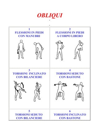 OBLIQUI
-
Pagina 1/3
-
1
FLESSIONI IN PIEDI
CON MANUBRI
2
FLESSIONI IN PIEDI
A CORPO LIBERO
3
TORSIONI INCLINATO
CON BILANCIERE
4
TORSIONI SEDUTO
CON BASTONE
5
TORSIONI SEDUTO
CON BILANCIERE
6
TORSIONI INCLINATO
CON BASTONE
 