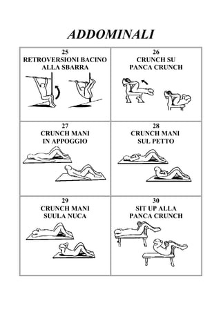 ADDOMINALI
25
RETROVERSIONI BACINO
ALLA SBARRA
26
CRUNCH SU
PANCA CRUNCH
27
CRUNCH MANI
IN APPOGGIO
28
CRUNCH MANI
SUL PETTO
29
CRUNCH MANI
SUULA NUCA
30
SIT UP ALLA
PANCA CRUNCH
 