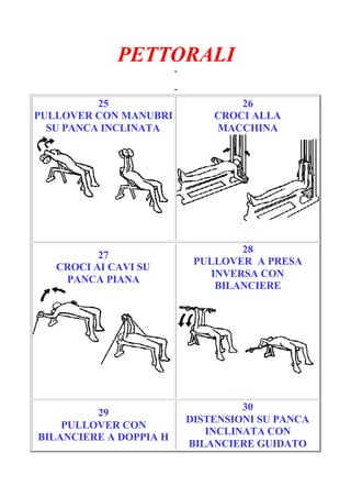 PETTORALI
-
Pagina 5/7
-
25
PULLOVER CON MANUBRI
SU PANCA INCLINATA
26
CROCI ALLA
MACCHINA
27
CROCI AI CAVI SU
PANCA PIANA
28
PULLOVER A PRESA
INVERSA CON
BILANCIERE
29
PULLOVER CON
BILANCIERE A DOPPIA H
30
DISTENSIONI SU PANCA
INCLINATA CON
BILANCIERE GUIDATO
 