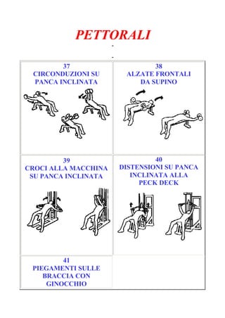 PETTORALI
-
Pagina 7/7
-
37
CIRCONDUZIONI SU
PANCA INCLINATA
38
ALZATE FRONTALI
DA SUPINO
39
CROCI ALLA MACCHINA
SU PANCA INCLINATA
40
DISTENSIONI SU PANCA
INCLINATA ALLA
PECK DECK
41
PIEGAMENTI SULLE
BRACCIA CON
GINOCCHIO
 